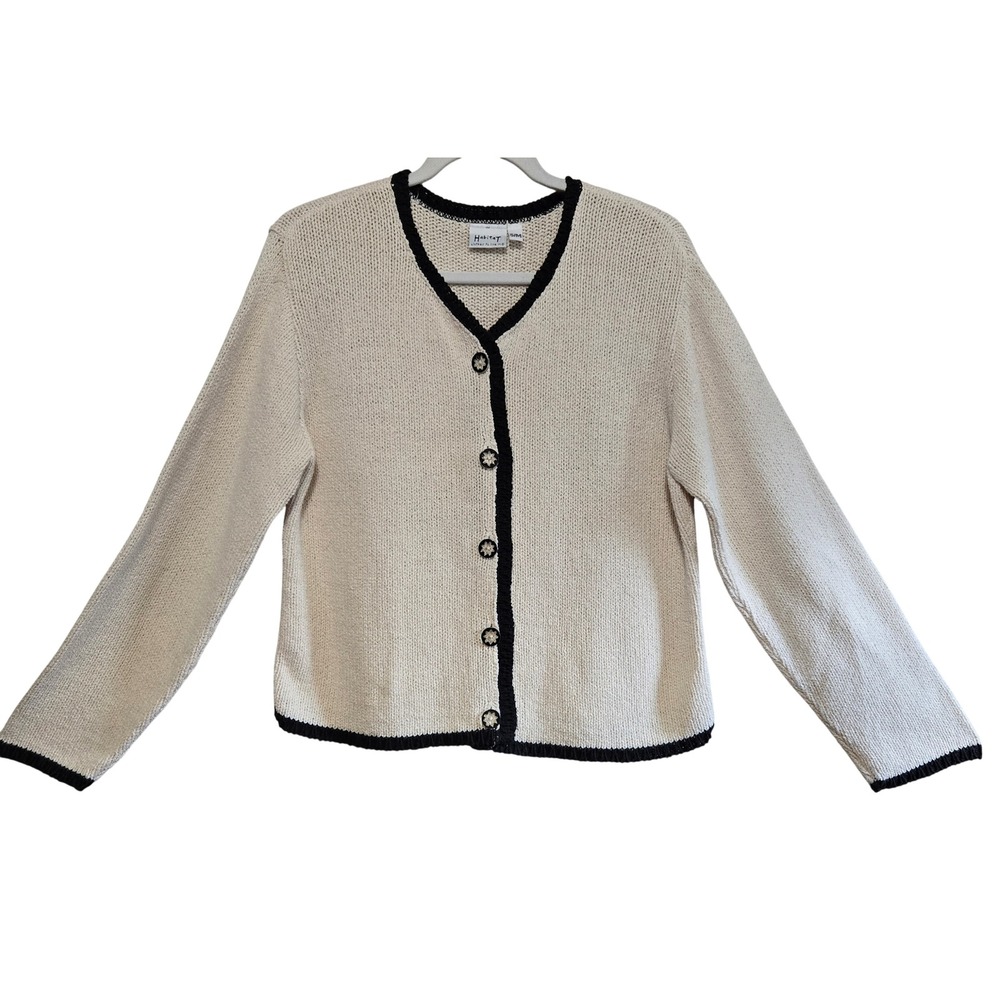 Habitat Clothes To Live In Chic Cream Black Trim Cotton Cardigan Sweater M NWOT